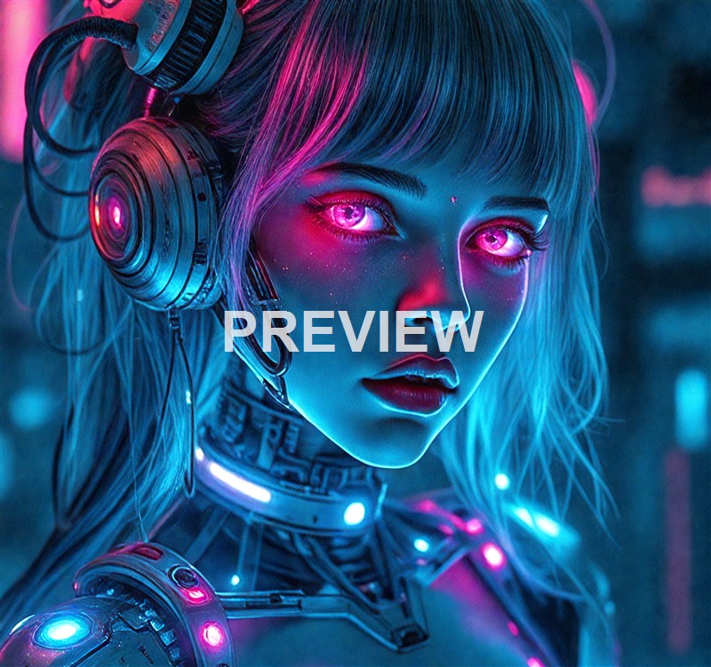A futuristic, cyberpunk-style female android with glowing pink eyes, metallic cybernetic enhancements, and vibrant neon lighting illuminating her face and hair.